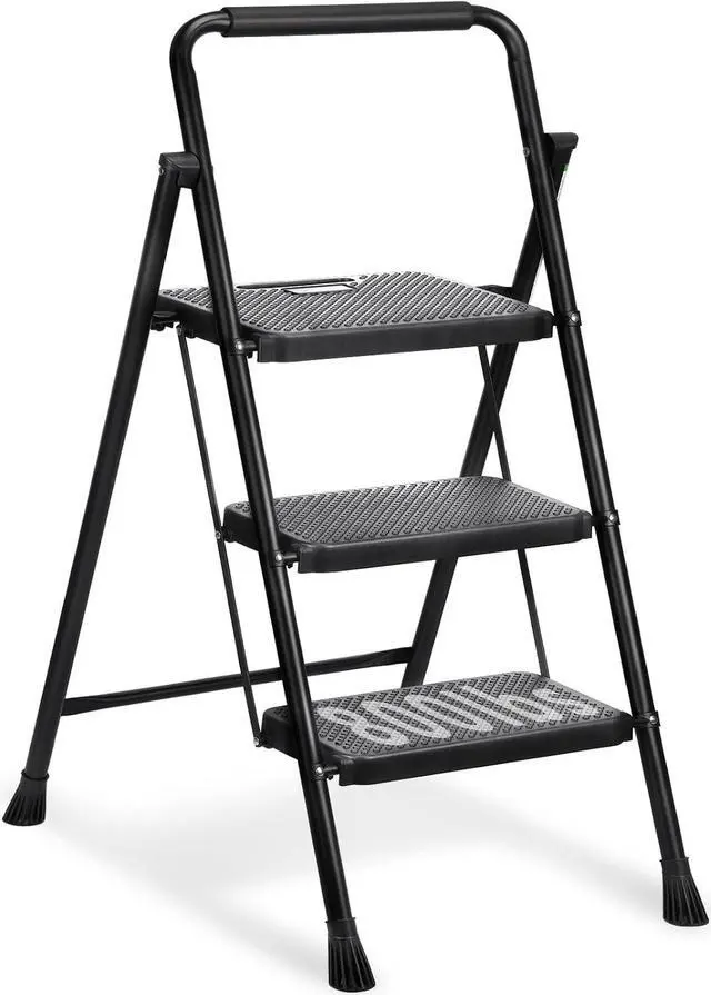 Main image of 3 Step Ladder, Miscoos Folding Step Stool for Adults with Wide Anti-Slip Pedal, Sturdy Steel Ladder, Lightweight, Convenient Handgrip, Portable Kitchen& Household Small Step Ladder, Black