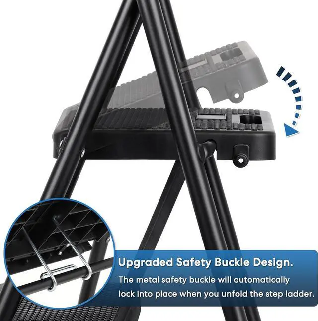 Alt view image 2 of 6 - 3 Step Ladder, Miscoos Folding Step Stool for Adults with Wide Anti-Slip Pedal, Sturdy Steel Ladder, Lightweight, Convenient Handgrip, Portable Kitchen& Household Small Step Ladder, Black