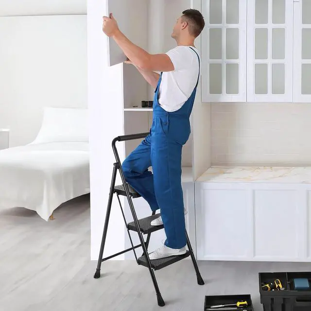 Alt view image 5 of 6 - 3 Step Ladder, Miscoos Folding Step Stool for Adults with Wide Anti-Slip Pedal, Sturdy Steel Ladder, Lightweight, Convenient Handgrip, Portable Kitchen& Household Small Step Ladder, Black