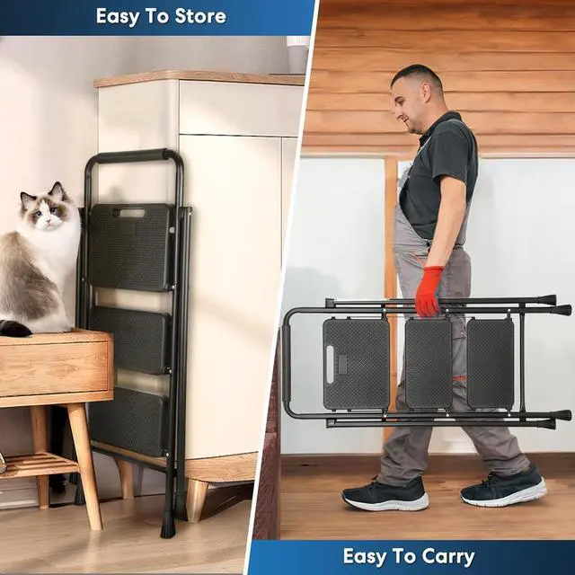 Alt view image 6 of 6 - 3 Step Ladder, Miscoos Folding Step Stool for Adults with Wide Anti-Slip Pedal, Sturdy Steel Ladder, Lightweight, Convenient Handgrip, Portable Kitchen& Household Small Step Ladder, Black