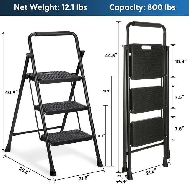 Alt view image 4 of 6 - 3 Step Ladder, Miscoos Folding Step Stool for Adults with Wide Anti-Slip Pedal, Sturdy Steel Ladder, Lightweight, Convenient Handgrip, Portable Kitchen& Household Small Step Ladder, Black