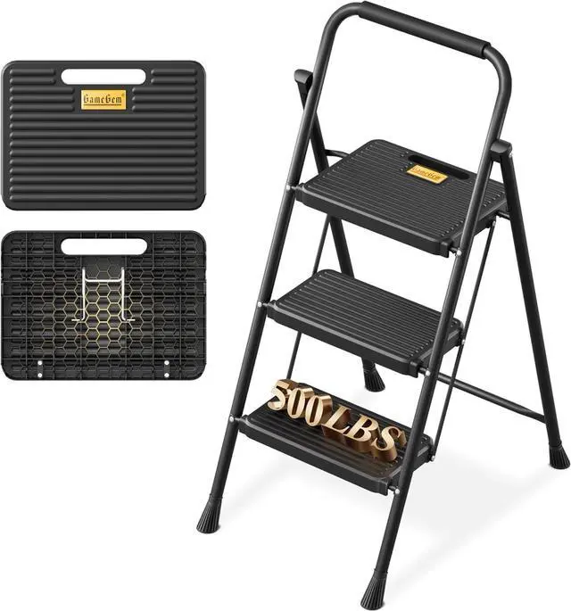 Main image of GameGem 3 Step Ladder, Foldable Step Stool with Newly Designed Sturdy Honeycomb Construction, Folding Step Ladder for Adults, Thickened Carbon Steel, Anti-Slip Stripes Pedal, 500 lbs Capacity