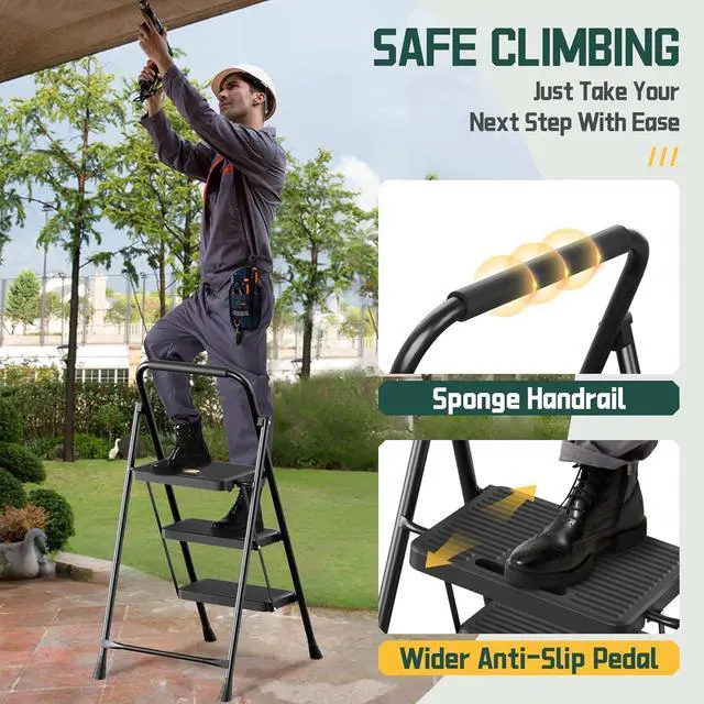 Alt view image 4 of 6 - GameGem 3 Step Ladder, Foldable Step Stool with Newly Designed Sturdy Honeycomb Construction, Folding Step Ladder for Adults, Thickened Carbon Steel, Anti-Slip Stripes Pedal, 500 lbs Capacity
