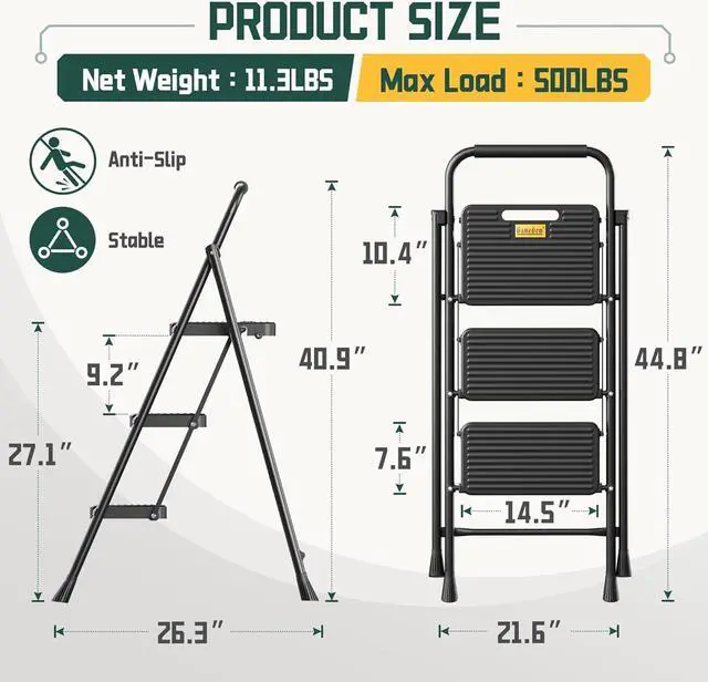 Alt view image 6 of 6 - GameGem 3 Step Ladder, Foldable Step Stool with Newly Designed Sturdy Honeycomb Construction, Folding Step Ladder for Adults, Thickened Carbon Steel, Anti-Slip Stripes Pedal, 500 lbs Capacity