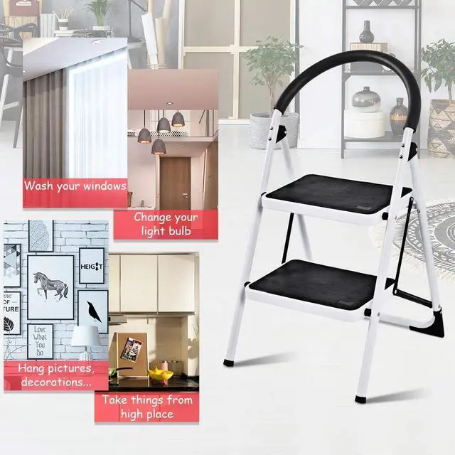 Alt view image 3 of 7 - Goplus Step Ladder, Heavy Duty Folding 2 Step Ladder Step Stool with Handgrip and Wide Anti-Slip Platform Sturdy HD Construction, 330lbs Capacity Black
