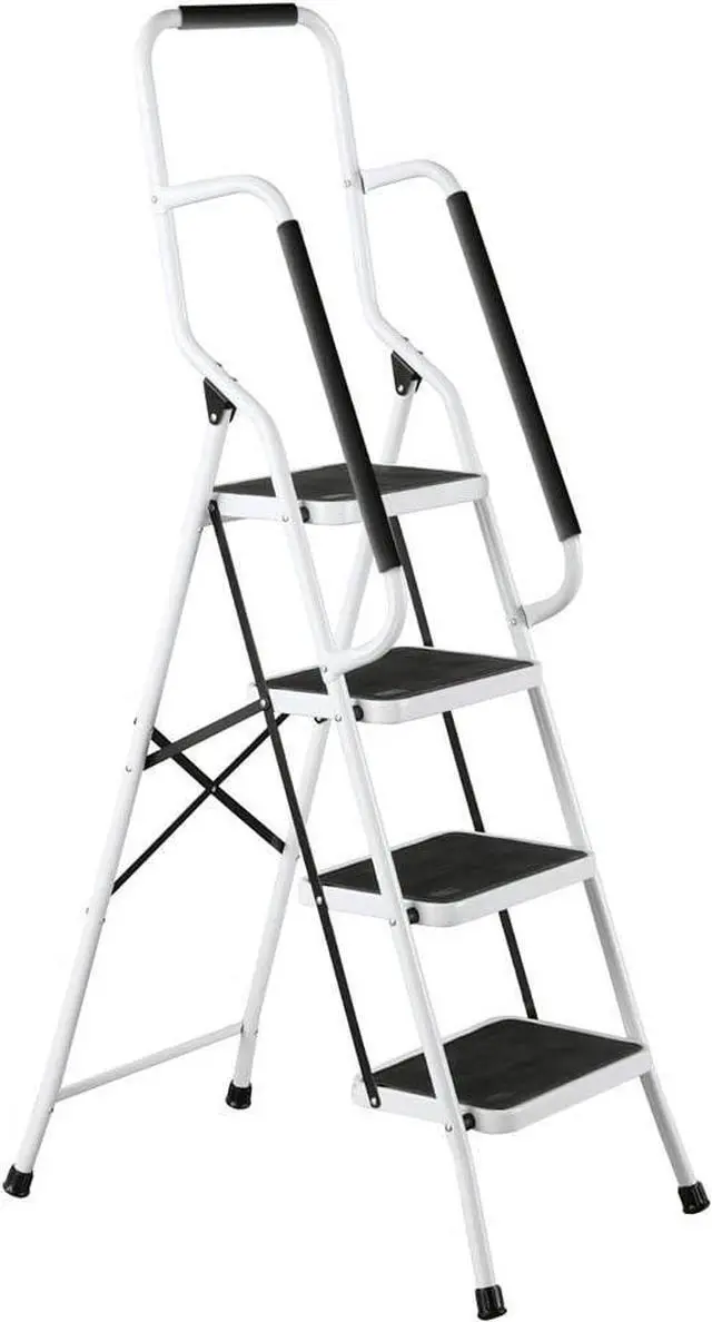 Main image of Collections Etc Folding Anti-Slip Safety Step Ladder with Handrail Grips for Home or Office, Four Steps, 62.5 inches Tall, White, White