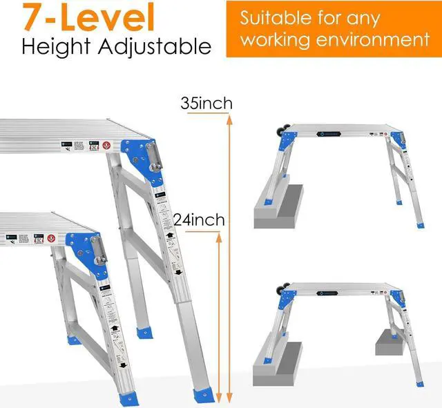Alt view image 2 of 6 - ORIENGEAR Adjustable Work Platform with Wheels, Support 330 lbs Height 24 to 35 inches Portable Aluminum Step Stool Folding Ladder Non Slip for Household Office Cleaning & Washing, Blue