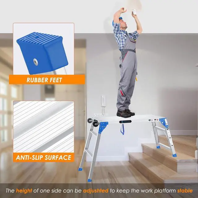 Alt view image 3 of 6 - ORIENGEAR Adjustable Work Platform with Wheels, Support 330 lbs Height 24 to 35 inches Portable Aluminum Step Stool Folding Ladder Non Slip for Household Office Cleaning & Washing, Blue