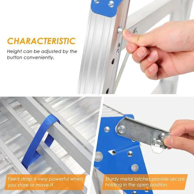 Alt view image 4 of 6 - ORIENGEAR Adjustable Work Platform with Wheels, Support 330 lbs Height 24 to 35 inches Portable Aluminum Step Stool Folding Ladder Non Slip for Household Office Cleaning & Washing, Blue