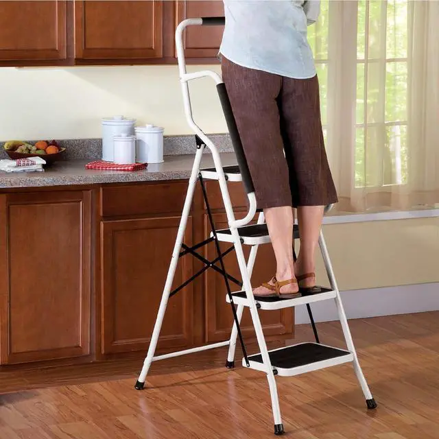 Alt view image 3 of 6 - Collections Etc Folding Anti-Slip Safety Step Ladder with Handrail Grips for Home or Office, Four Steps, 62.5 inches Tall, White, White