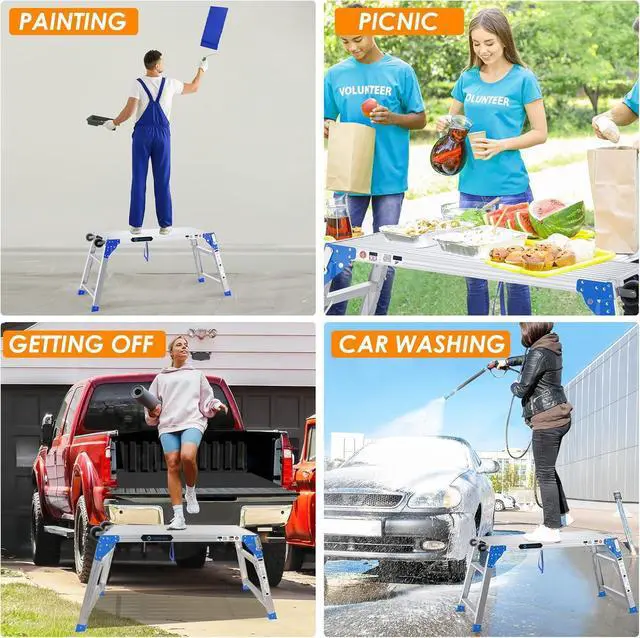 Alt view image 6 of 6 - ORIENGEAR Adjustable Work Platform with Wheels, Support 330 lbs Height 24 to 35 inches Portable Aluminum Step Stool Folding Ladder Non Slip for Household Office Cleaning & Washing, Blue