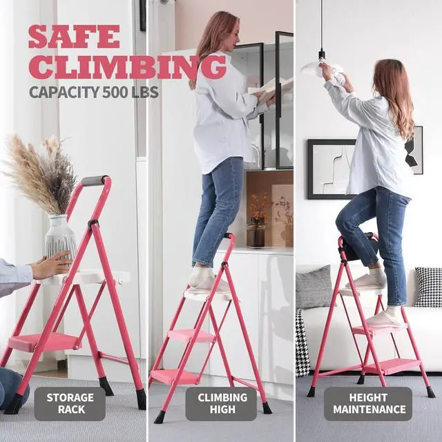 Alt view image 4 of 7 - 3 Step Ladder,Portable Folding Step Stool with Wide Anti-Slip Pedal and Comfort Handgrip,Lightweight 500 lbs Capacity Steel Ladder Multi-Use Household,Office,Library(Rose Pink)