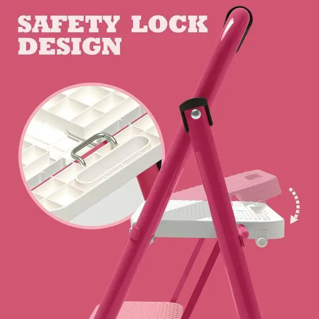 Alt view image 5 of 7 - 3 Step Ladder,Portable Folding Step Stool with Wide Anti-Slip Pedal and Comfort Handgrip,Lightweight 500 lbs Capacity Steel Ladder Multi-Use Household,Office,Library(Rose Pink)