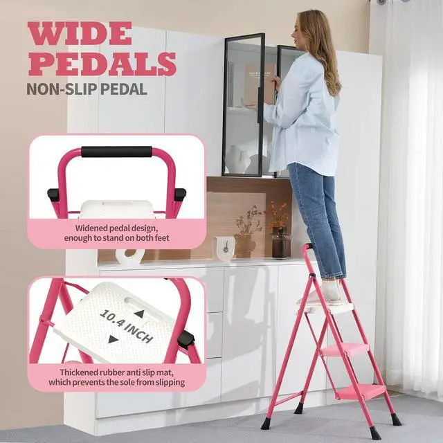 Alt view image 6 of 7 - 3 Step Ladder,Portable Folding Step Stool with Wide Anti-Slip Pedal and Comfort Handgrip,Lightweight 500 lbs Capacity Steel Ladder Multi-Use Household,Office,Library(Rose Pink)