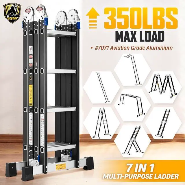 Alt view image 2 of 6 - Bryner 7 in 1 Multi-Purpose Ladder Aluminium 14Ft Folding Adjustable Telescoping Step Extension Ladder Meet SGS EN 131 Standard Heavy Duty 330lbs