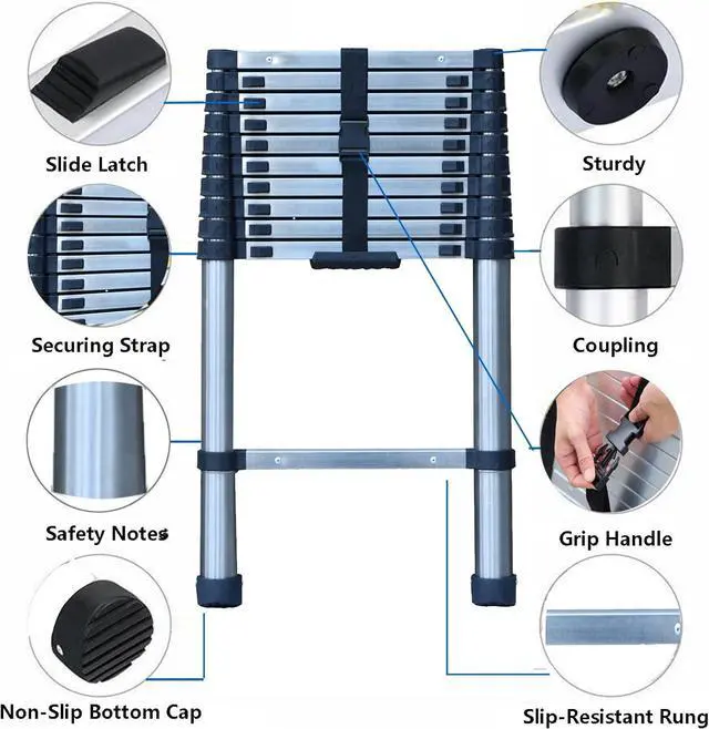 Alt view image 2 of 7 - Telescoping Ladder, 10 FT Stainless Steel Extension Ladder for Home, Collapsible Ladders 330 Lb Max Capacity, Multi-Purpose Telescopic Ladder for Roof Ceiling, Household Daily, EN131 Certificated
