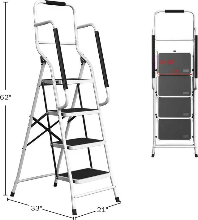 Alt view image 2 of 6 - 4 Step Stool '? Folding Ladder with Handrails Attachable Tool Bag Non-Slip Feet Steel Fram