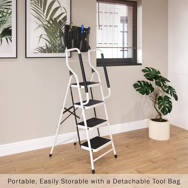 Alt view image 4 of 6 - 4 Step Stool '? Folding Ladder with Handrails Attachable Tool Bag Non-Slip Feet Steel Fram