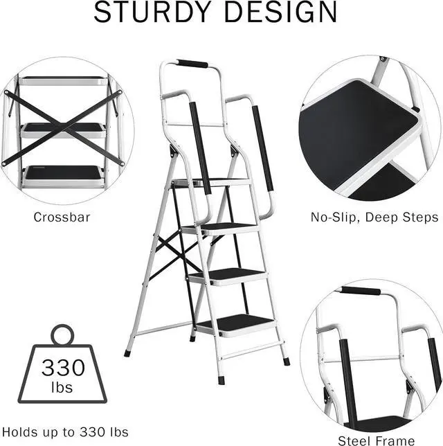 Alt view image 3 of 6 - 4 Step Stool '? Folding Ladder with Handrails Attachable Tool Bag Non-Slip Feet Steel Fram