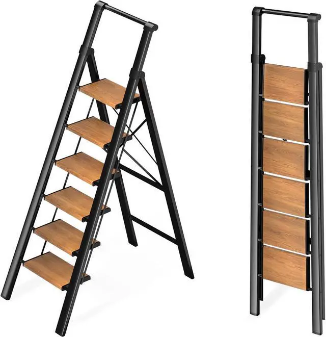 Main image of 6 Step Ladder, Foldable Ladder with Anti-Slip Wide Pedal, Lightweight Aluminum Step Stool with Convenient Handgrip, 330 lbs Capacity Stepladder for Home, Office, Library (Black Woodgrain)