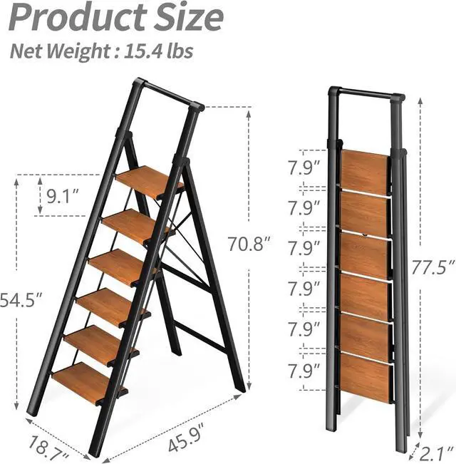 Alt view image 3 of 5 - 6 Step Ladder, Foldable Ladder with Anti-Slip Wide Pedal, Lightweight Aluminum Step Stool with Convenient Handgrip, 330 lbs Capacity Stepladder for Home, Office, Library (Black Woodgrain)