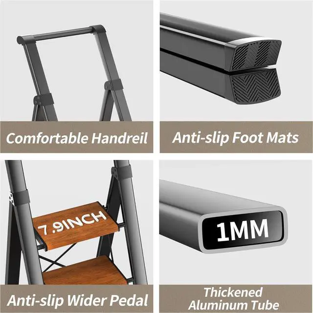 Alt view image 4 of 5 - 6 Step Ladder, Foldable Ladder with Anti-Slip Wide Pedal, Lightweight Aluminum Step Stool with Convenient Handgrip, 330 lbs Capacity Stepladder for Home, Office, Library (Black Woodgrain)
