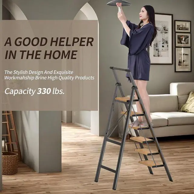 Alt view image 5 of 5 - 6 Step Ladder, Foldable Ladder with Anti-Slip Wide Pedal, Lightweight Aluminum Step Stool with Convenient Handgrip, 330 lbs Capacity Stepladder for Home, Office, Library (Black Woodgrain)