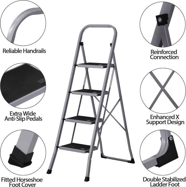 Alt view image 3 of 7 - F2C 4 Step Ladder, Folding Step Stool with Wide Anti-Slip Pedals & Handgrip, Portable Lightweight Ladder Anti-Slip Pedal for Home, Kitchen, Office, Sturdy Temporary Storage Shelf Rack