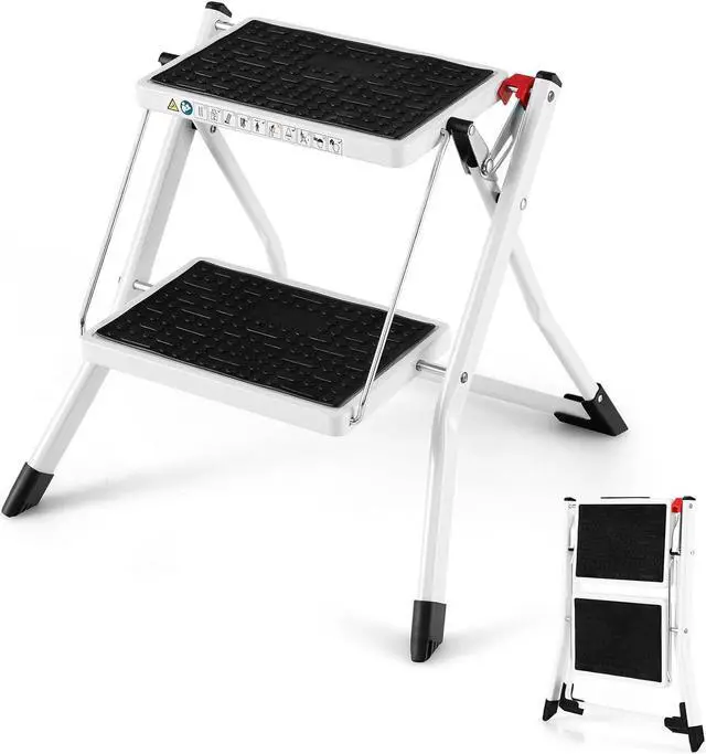 Main image of Goplus 2 Step Ladder, Lightweight Folding Step Stool with Anti-Slip Pedals, Non-Slip Foot Covers, Heavy Duty Metal Stepladder for Household, Kitchen, 330 LBS Weight Capacity, White & Black