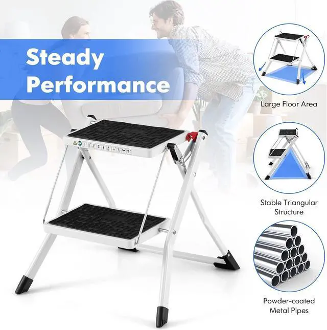 Alt view image 2 of 7 - Goplus 2 Step Ladder, Lightweight Folding Step Stool with Anti-Slip Pedals, Non-Slip Foot Covers, Heavy Duty Metal Stepladder for Household, Kitchen, 330 LBS Weight Capacity, White & Black