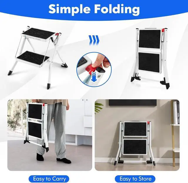 Alt view image 3 of 7 - Goplus 2 Step Ladder, Lightweight Folding Step Stool with Anti-Slip Pedals, Non-Slip Foot Covers, Heavy Duty Metal Stepladder for Household, Kitchen, 330 LBS Weight Capacity, White & Black