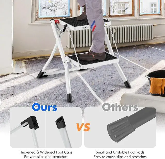 Alt view image 5 of 7 - Goplus 2 Step Ladder, Lightweight Folding Step Stool with Anti-Slip Pedals, Non-Slip Foot Covers, Heavy Duty Metal Stepladder for Household, Kitchen, 330 LBS Weight Capacity, White & Black