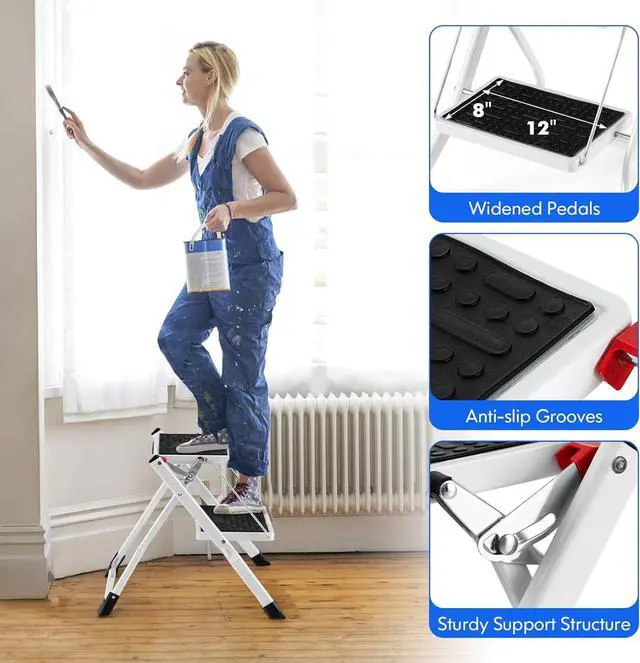 Alt view image 6 of 7 - Goplus 2 Step Ladder, Lightweight Folding Step Stool with Anti-Slip Pedals, Non-Slip Foot Covers, Heavy Duty Metal Stepladder for Household, Kitchen, 330 LBS Weight Capacity, White & Black