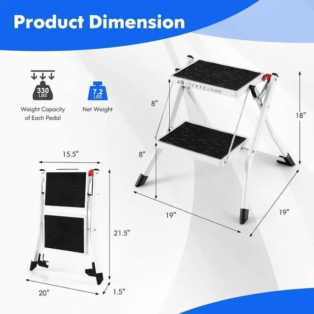 Alt view image 7 of 7 - Goplus 2 Step Ladder, Lightweight Folding Step Stool with Anti-Slip Pedals, Non-Slip Foot Covers, Heavy Duty Metal Stepladder for Household, Kitchen, 330 LBS Weight Capacity, White & Black