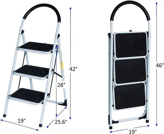 Alt view image 2 of 7 - Good Life EN131 Folding 3 Step Ladder Home Depot Steel, Lightweight 300 lb Capacity with Hand Grip Anti-Slip and Wide Pedal
