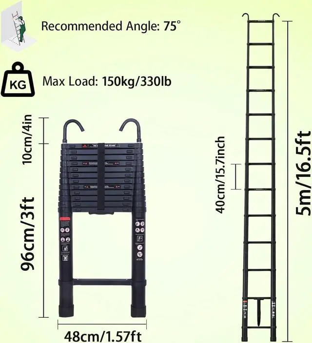 Alt view image 2 of 7 - 16.5ft Telescoping Telescopic Extension Ladder Aluminum Black Extendable Lightweight Ladder Steps Roof Hooks Loft Attic Ladder Easy to Retract for RV Loft Attic Wall EN131 Safety 330lb Max Load