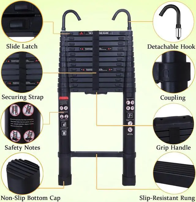 Alt view image 3 of 7 - 16.5ft Telescoping Telescopic Extension Ladder Aluminum Black Extendable Lightweight Ladder Steps Roof Hooks Loft Attic Ladder Easy to Retract for RV Loft Attic Wall EN131 Safety 330lb Max Load