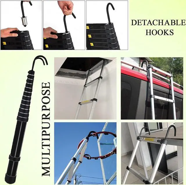Alt view image 4 of 7 - 16.5ft Telescoping Telescopic Extension Ladder Aluminum Black Extendable Lightweight Ladder Steps Roof Hooks Loft Attic Ladder Easy to Retract for RV Loft Attic Wall EN131 Safety 330lb Max Load