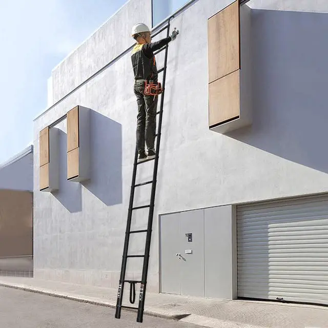 Alt view image 7 of 7 - 16.5ft Telescoping Telescopic Extension Ladder Aluminum Black Extendable Lightweight Ladder Steps Roof Hooks Loft Attic Ladder Easy to Retract for RV Loft Attic Wall EN131 Safety 330lb Max Load