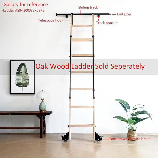 Alt view image 2 of 6 - 12FT Hook on Sliding Library Ladder Hardware Kit,Telescoping Upper Hook,Bottom Brake Roller, Rustic Black Finish(No Ladder)