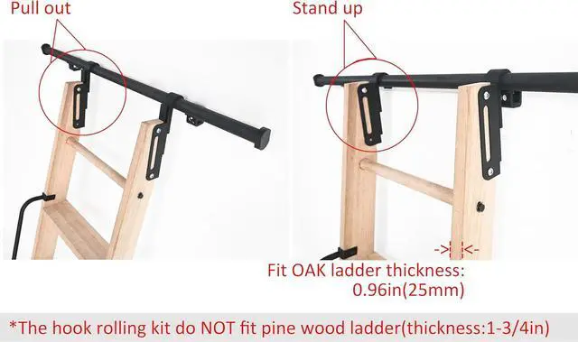 Alt view image 3 of 6 - 12FT Hook on Sliding Library Ladder Hardware Kit,Telescoping Upper Hook,Bottom Brake Roller, Rustic Black Finish(No Ladder)