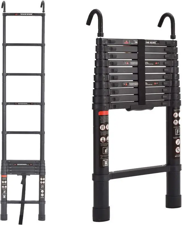 Main image of 10.5ft Step Ladder Aluminum Telescoping Ladder with Detachable Roof Hooks, Black, 330lbs Load Capacity, Heavy Duty Portable Collapsible Folding Ladder 11 Steps Adjustable Height, Space Saving