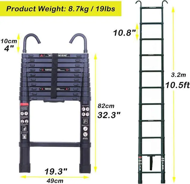 Alt view image 2 of 7 - 10.5ft Step Ladder Aluminum Telescoping Ladder with Detachable Roof Hooks, Black, 330lbs Load Capacity, Heavy Duty Portable Collapsible Folding Ladder 11 Steps Adjustable Height, Space Saving