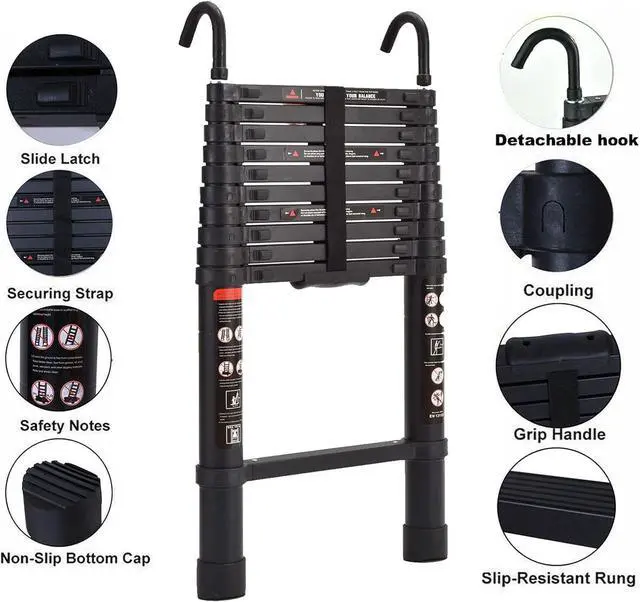 Alt view image 3 of 7 - 10.5ft Step Ladder Aluminum Telescoping Ladder with Detachable Roof Hooks, Black, 330lbs Load Capacity, Heavy Duty Portable Collapsible Folding Ladder 11 Steps Adjustable Height, Space Saving