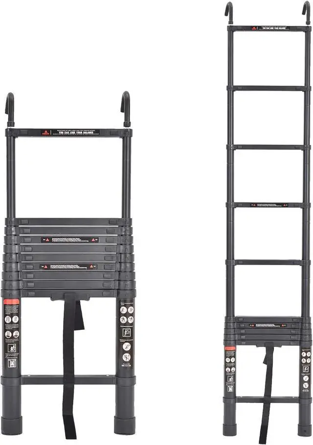 Alt view image 5 of 7 - 10.5ft Step Ladder Aluminum Telescoping Ladder with Detachable Roof Hooks, Black, 330lbs Load Capacity, Heavy Duty Portable Collapsible Folding Ladder 11 Steps Adjustable Height, Space Saving