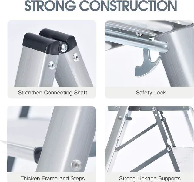 Alt view image 2 of 7 - KINGRACK Aluminium 3 Step Ladder, Lightweight Folding Step Ladder, Portable Slim Step Stool, 330lbs Safety Stepladder with Multi-Function, Silver