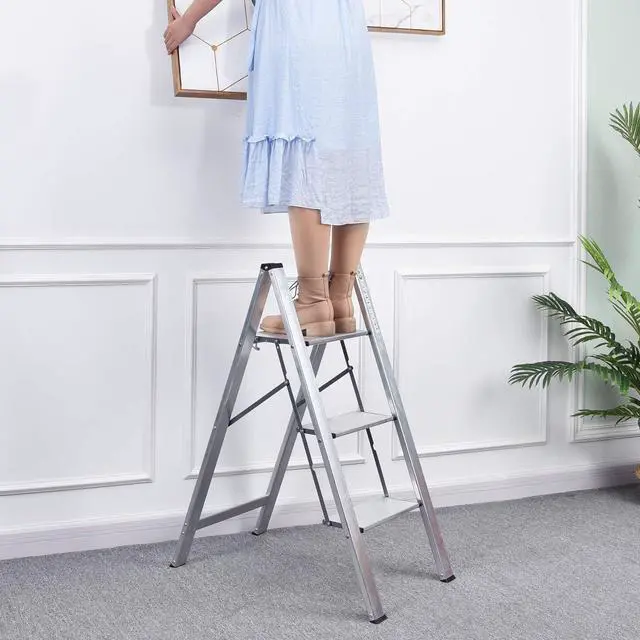 Alt view image 6 of 7 - KINGRACK Aluminium 3 Step Ladder, Lightweight Folding Step Ladder, Portable Slim Step Stool, 330lbs Safety Stepladder with Multi-Function, Silver