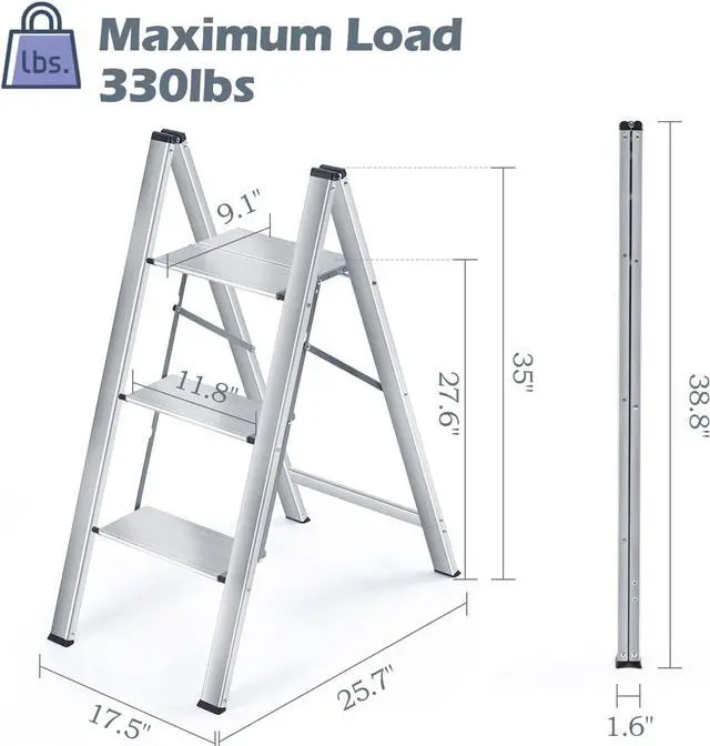 Alt view image 7 of 7 - KINGRACK Aluminium 3 Step Ladder, Lightweight Folding Step Ladder, Portable Slim Step Stool, 330lbs Safety Stepladder with Multi-Function, Silver