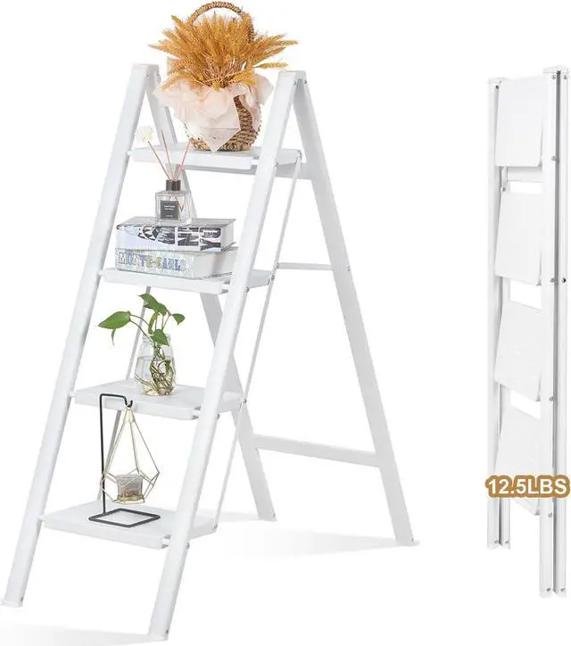 Main image of LEADALLWAY Lightweight 4 Step Closet Step Ladder Designed Specifically for Women Folding Step Stool Ladder for Home, Kitchen Plant Stand Adder 330 Lbs Capacity,White