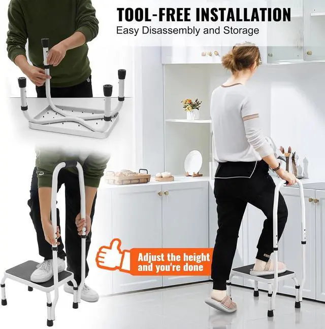 Alt view image 4 of 7 - VEVOR Step Stool 1-Step 330lbs Capacity, 3 Adjustable Height with Handle Steel Step Ladder, Portable Toddler Step Stools for Adults, Non-Slip Sturdy Step Ladders for Office, RVs, Pets